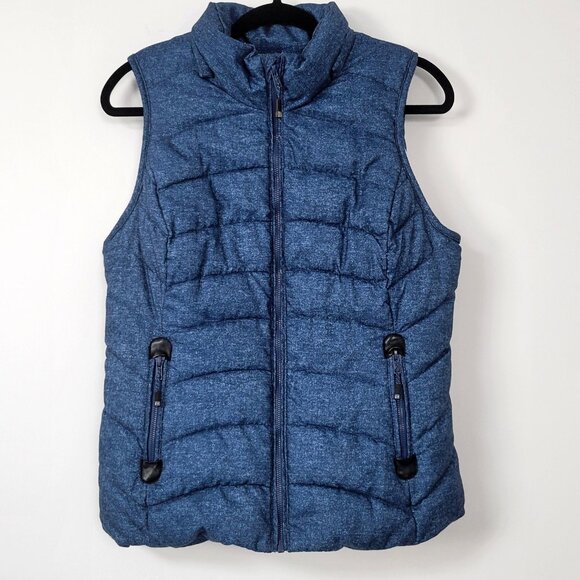 Green Tea Quilted Blue Puffer Vest Size Medium Faux Fur Lining Full Zip Pockets - Picture 1 of 11